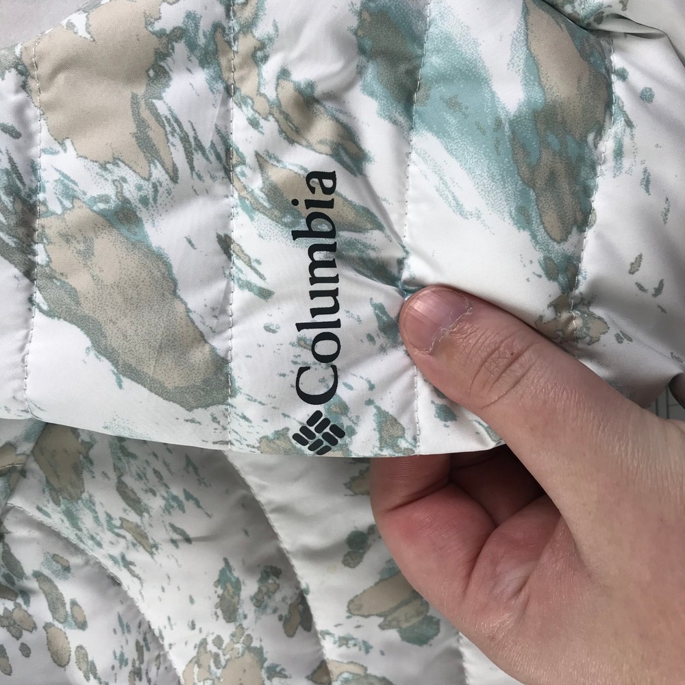 Columbia Womens XXL Omni-Heat Hooded Puffer Jacket White Teal Abstract XL7189 - Picture 5 of 8